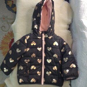 Carter's 2T Girls Fleece lined Puffer Jacket, hearts, Stylish, warm, easy care